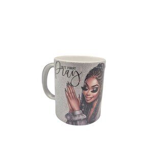 Handmade 12 oz Coffee Mug – “But First Pray” Glitter Silver Cup | Inspirational